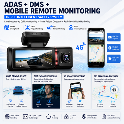 3 Kanäle KI 4G Dash-Kamera 4K Front, ADAS und DMS, GPS-Tracking, 24/7 Parkplatzüberwachung