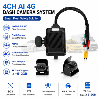 4-Kanal KI Intelligente 4G Dashcam, ADAS + DMS + BSD Aktive Sicherheit, 1080P+720P Aufnahme für Taxis