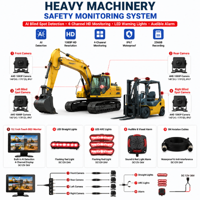 4CH AI BSD-Forklift-Sicherheitsüberwachungssystem 1080P Kamera/Display und LED-Alarmlicht/geeignet für schwere Maschinen
