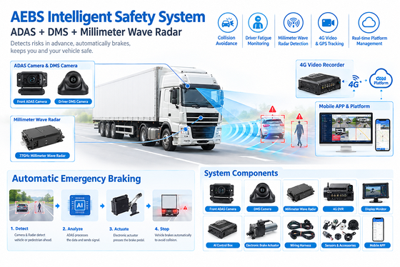 AEBS-System mit 77 GHz Millimeterwellen-Radar ADAS + DMS und 4G/5G-Konnektivität für Flotten-Telematik