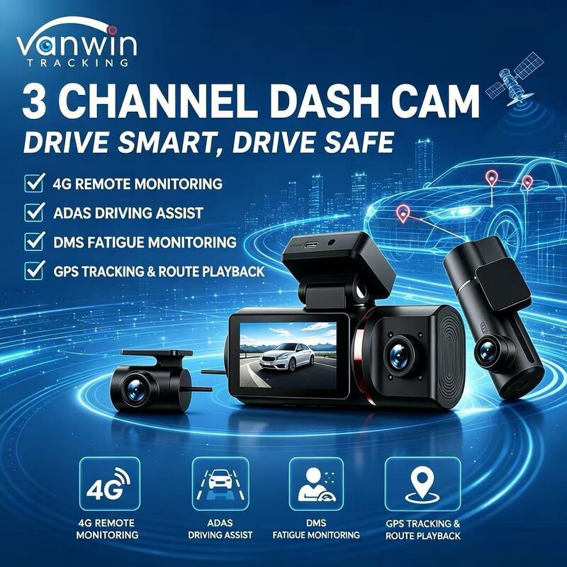 M6 3-Channel 4G AI Dash Camera | 4K Front + 1080p Cabin & Rear | ADAS DMS GPS | 24/7 Fleet Safety Monitoring