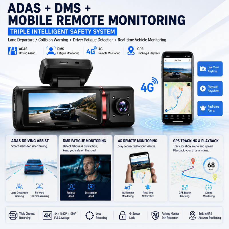 3 Kanäle KI 4G Dash-Kamera 4K Front, ADAS und DMS, GPS-Tracking, 24/7 Parkplatzüberwachung