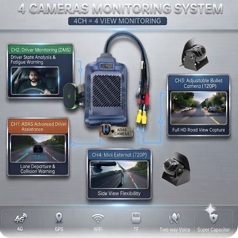 4-Kanal KI Intelligente 4G Dashcam, ADAS + DMS + BSD Aktive Sicherheit, 1080P+720P Aufnahme für Taxis